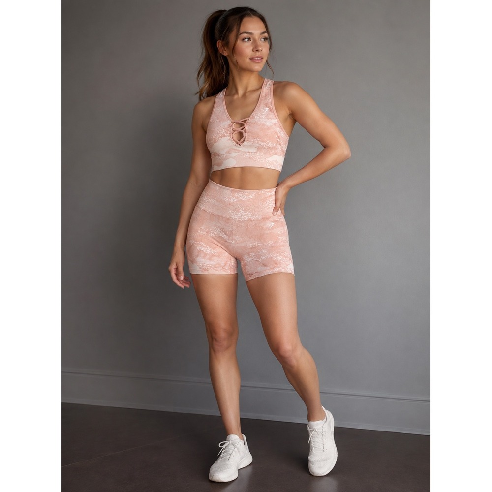 GYMSHARK Sports Bra & Biker Shorts SET S Blush Pink Textured Y2K Athleisure